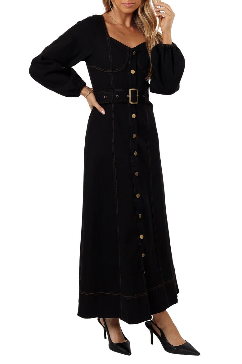 Mateo Long Sleeve Belted Denim Maxi Dress, Alternate, color, BLACK