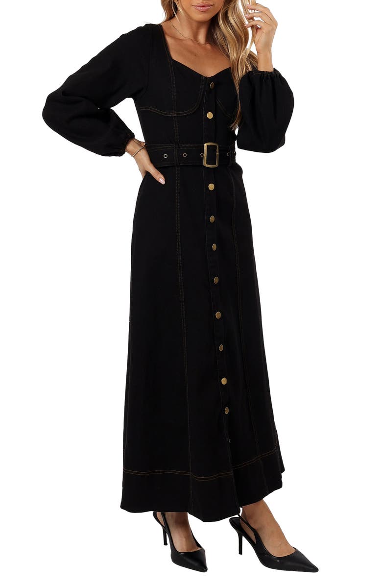 Petal & Pup Mateo Long Sleeve Belted Denim Maxi Dress, Alternate, color, Black