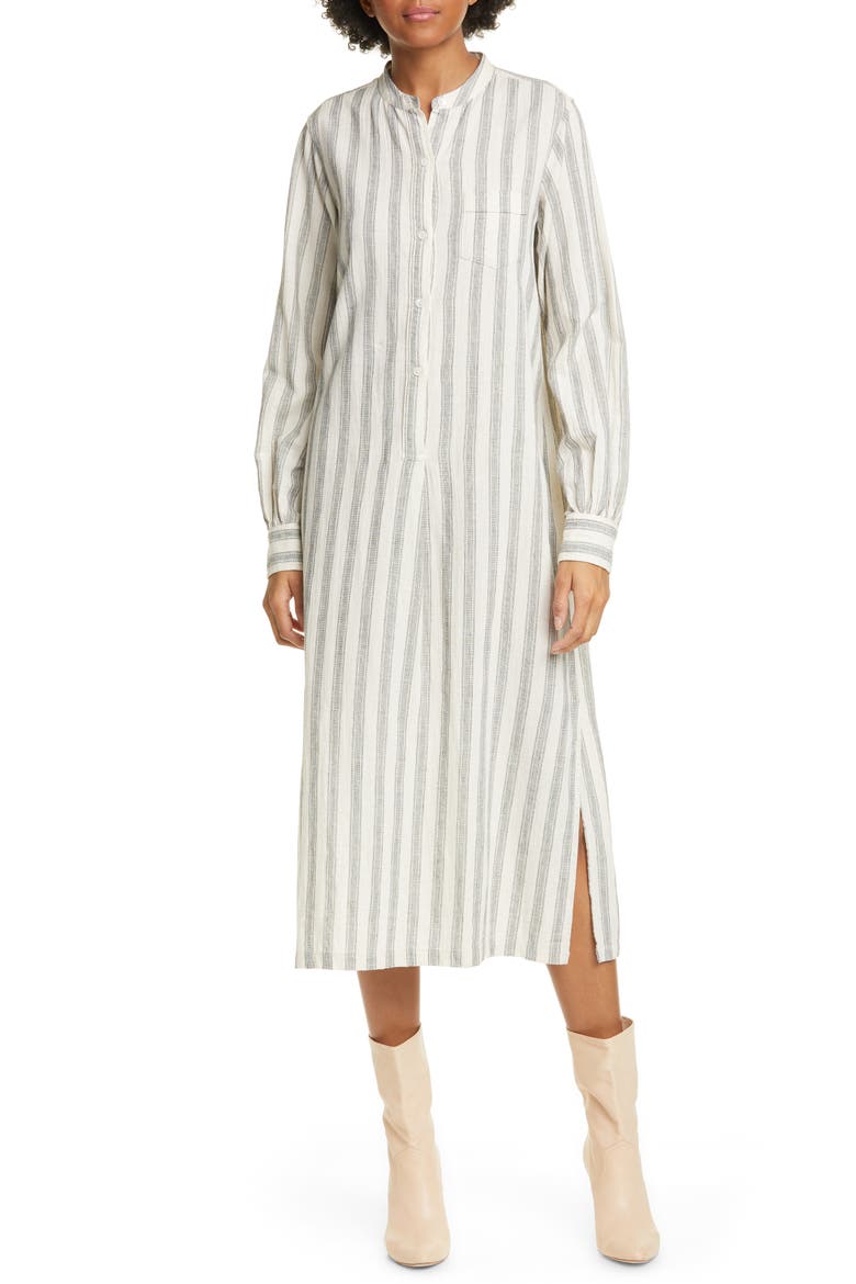 Malia Long Sleeve Stripe Cotton & Linen Midi Dress, Main, color, NATURAL/ BLACK STRIPE