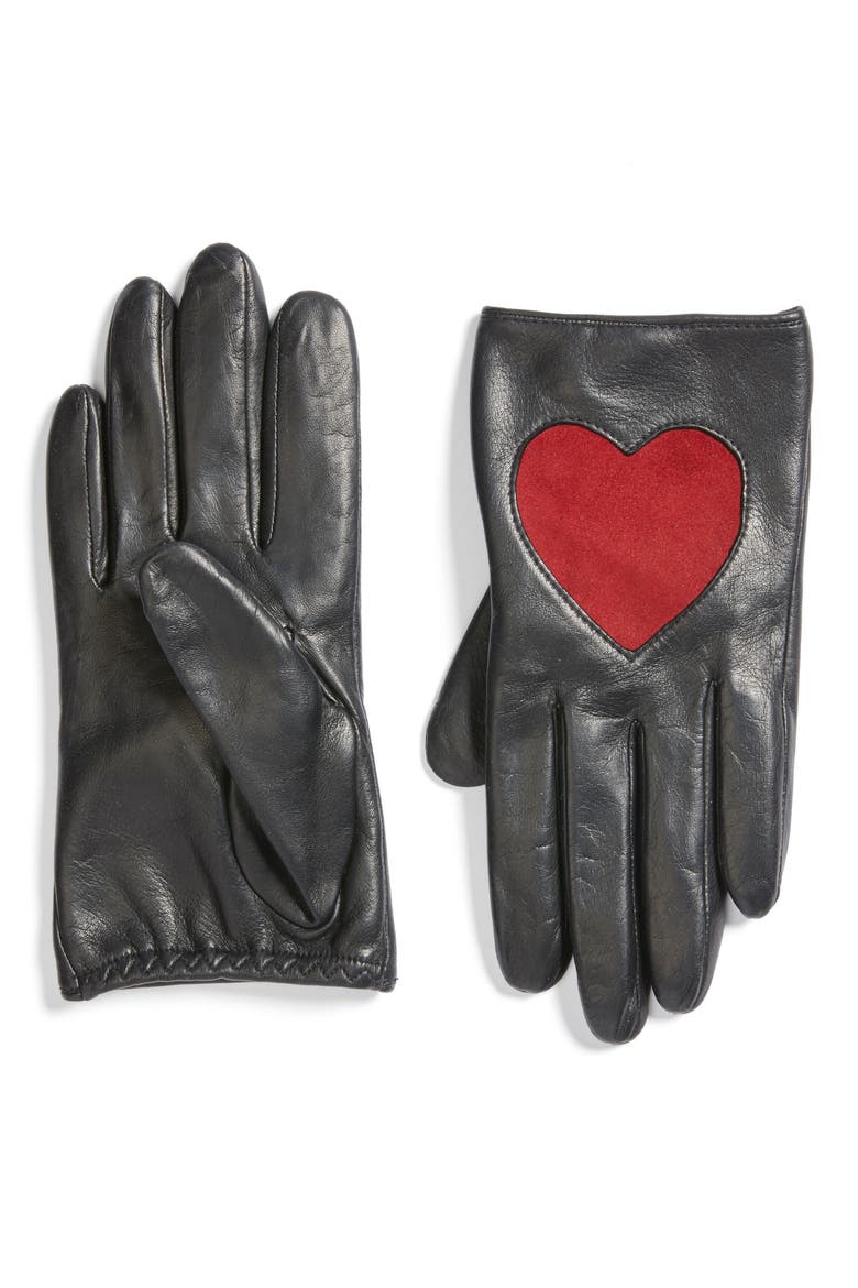 Heart Leather Gloves, Main, color, BLACK M