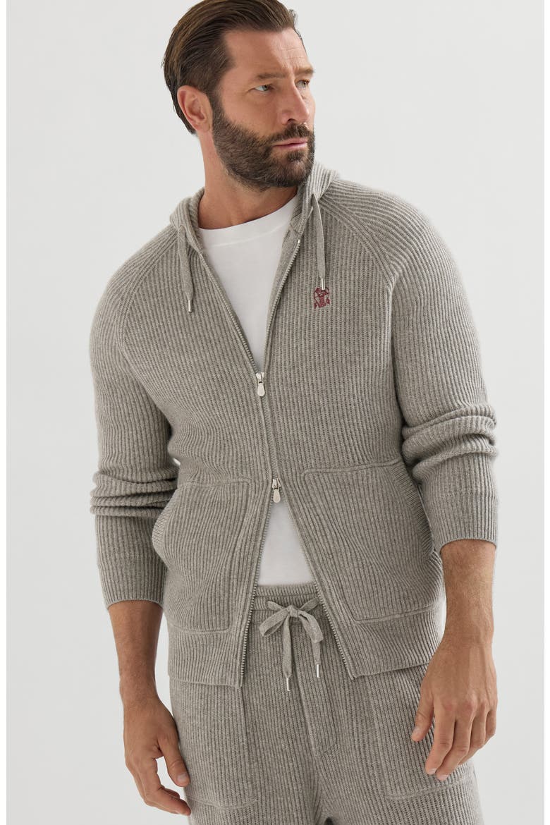 Cashmere English rib hooded knit sweatshirt with logo and zipper, Alternate, color, Stone Grey