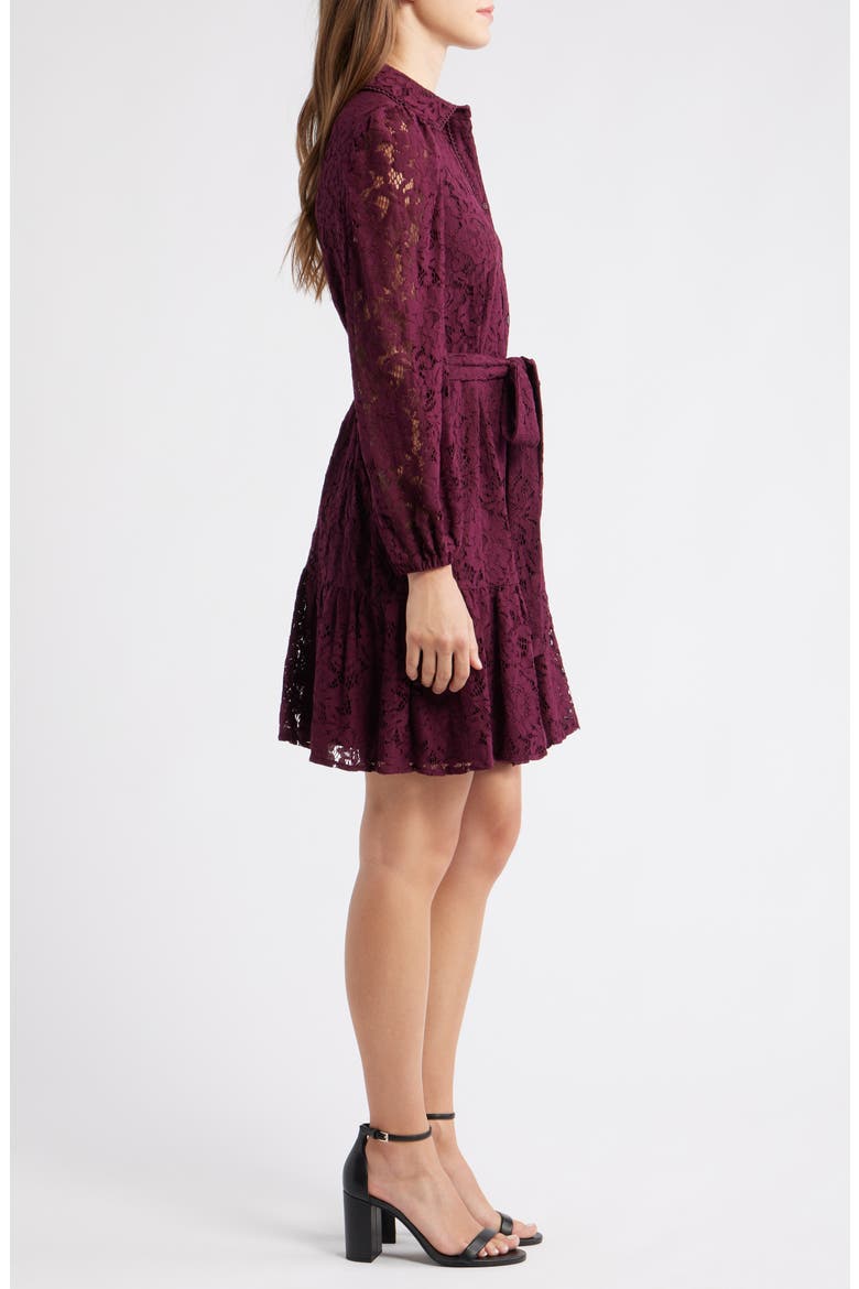 Lace Long Sleeve Tiered Shirtdress, Alternate, color, DARK CHIANTI