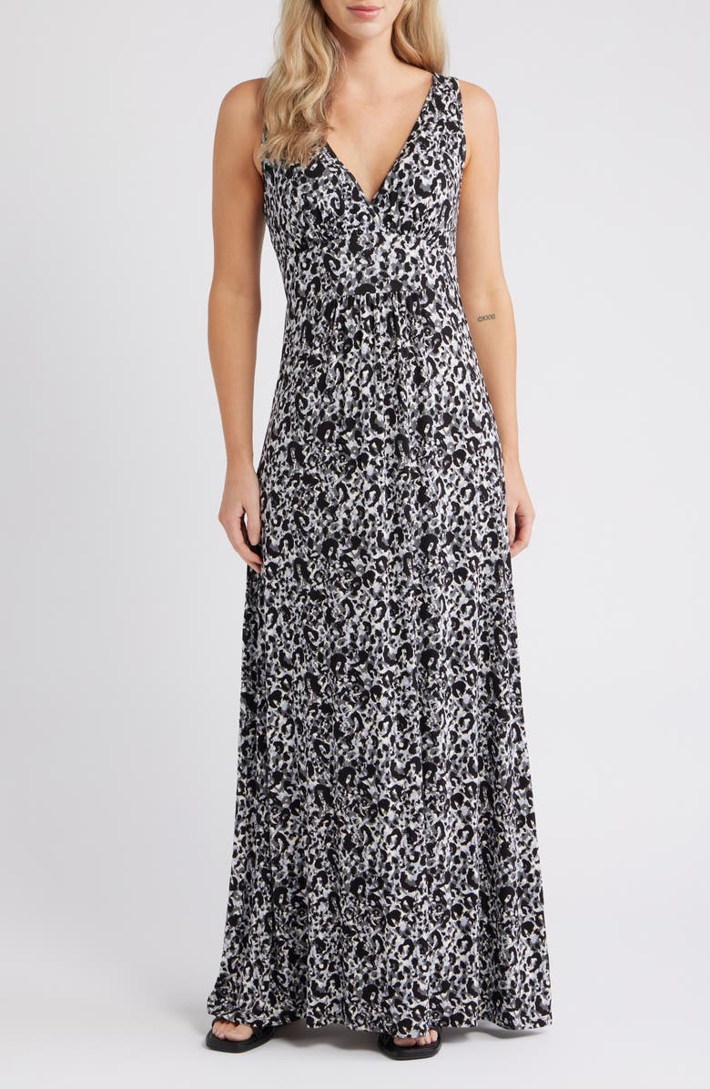 Loveappella Empire Waist Jersey Maxi Dress, Main, color, Gray/ Black