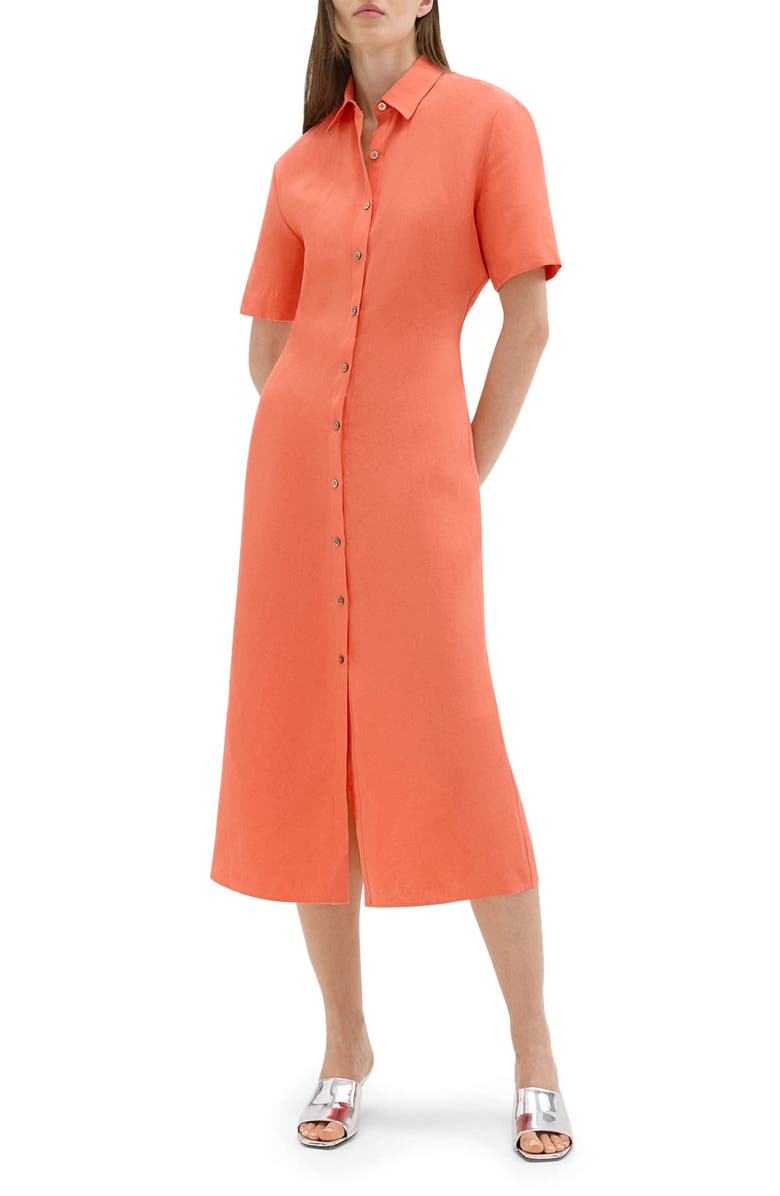 Theory Galena Linen Maxi Shirtdress, Main, color, Bright Coral