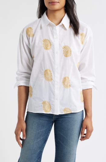 Two By Vince Camuto Embroidered Cotton Button-up Shirt In White