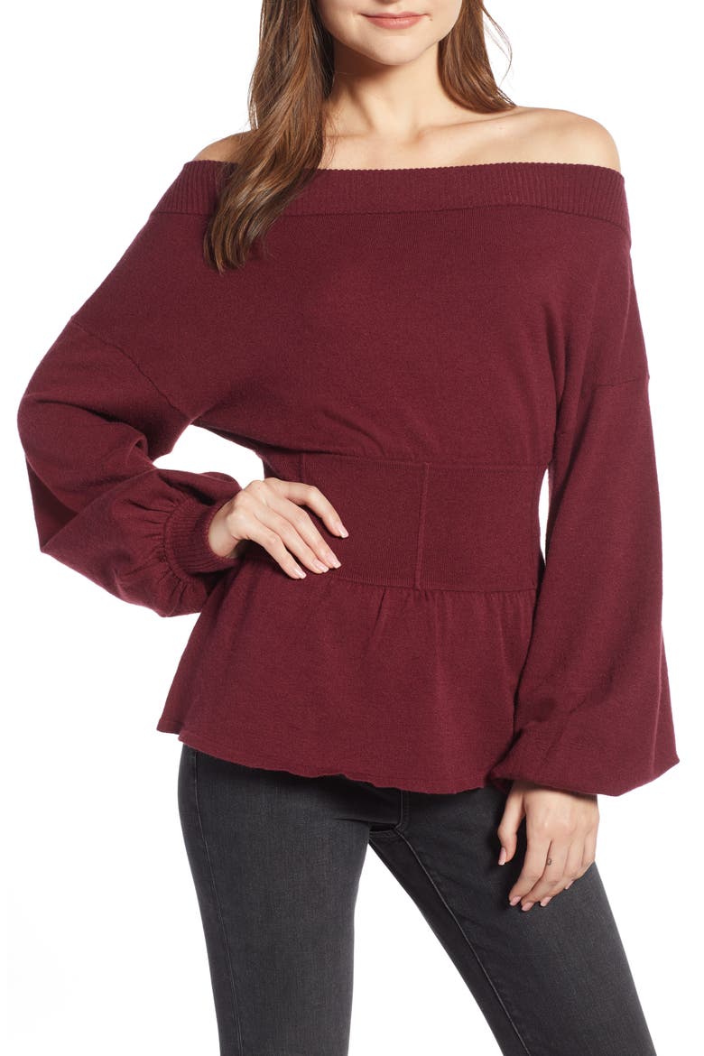 Waist Detail Off the Shoulder Sweater (Nordstrom Exclusive), Main, color, RED TANNIN