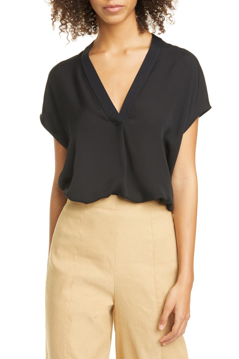Contrast Trim Short Sleeve Silk Blouse, Main, color, BLACK