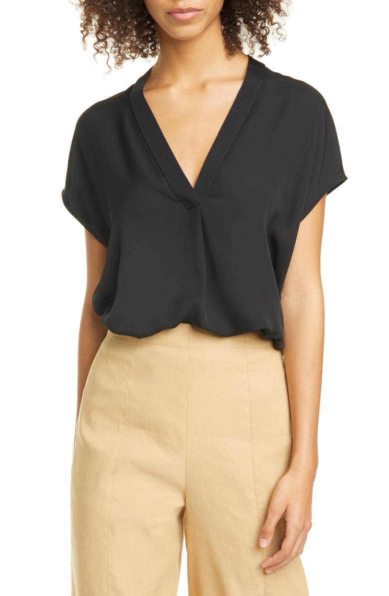 Vince Contrast Trim Short Sleeve Silk Blouse, Main, color,