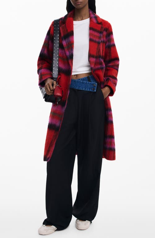 Desigual Tartan Plaid Fuzzy Coat In Red
