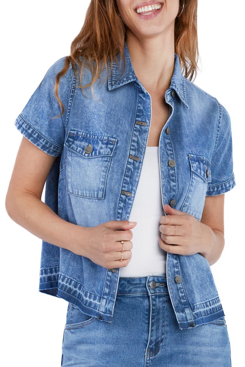 Sara Short Sleeve Denim Shirt, Alternate, color, POST BLUE