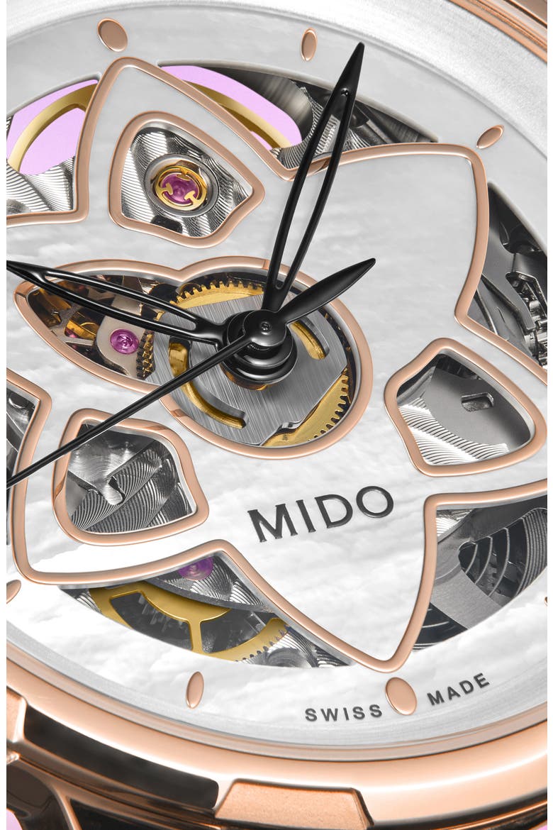Rainflower Blossom Skeleton Automatic Leather Strap Watch, 34mm, Alternate, color, WHITE MOTHER OF PEARL
