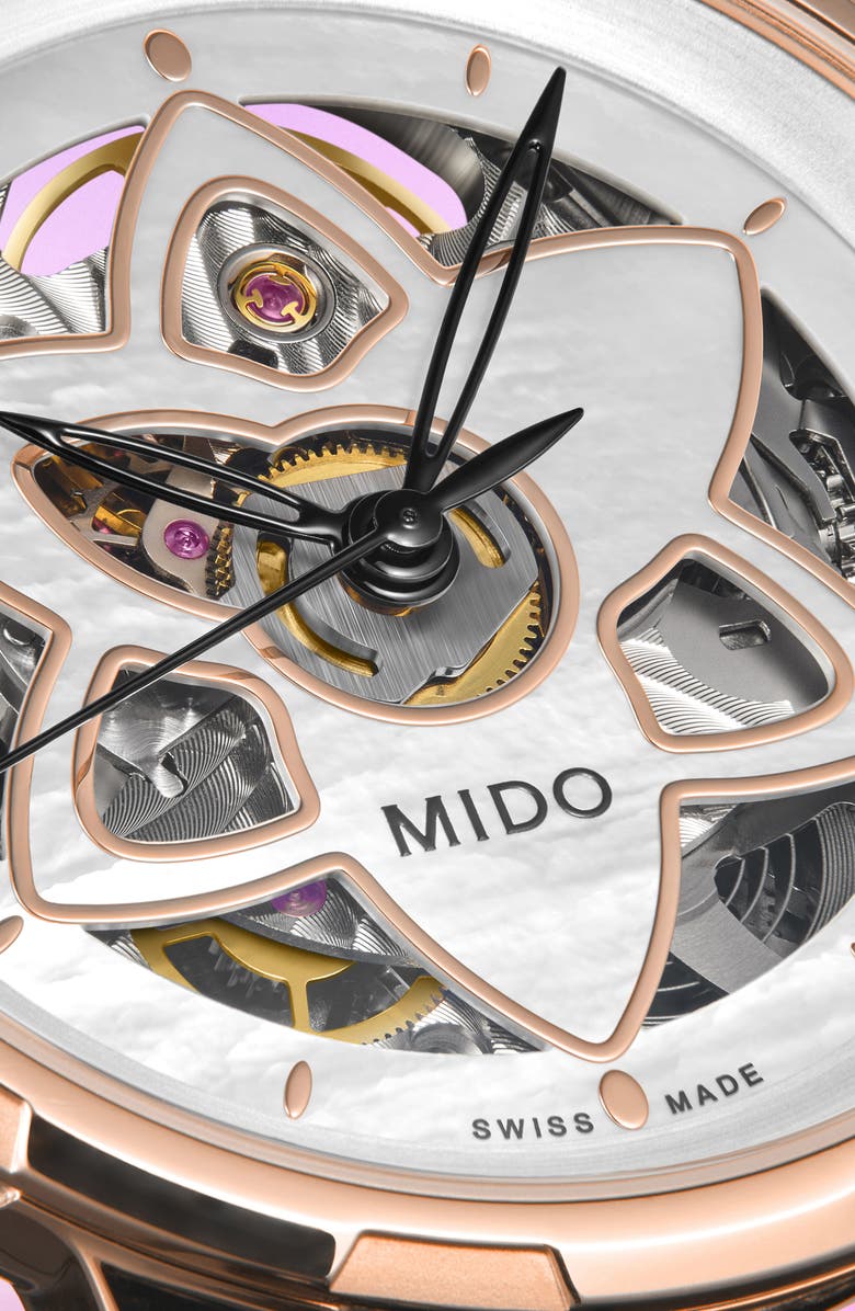 MIDO Rainflower Blossom Skeleton Automatic Leather Strap Watch, 34mm, Alternate, color, White Mother Of Pearl
