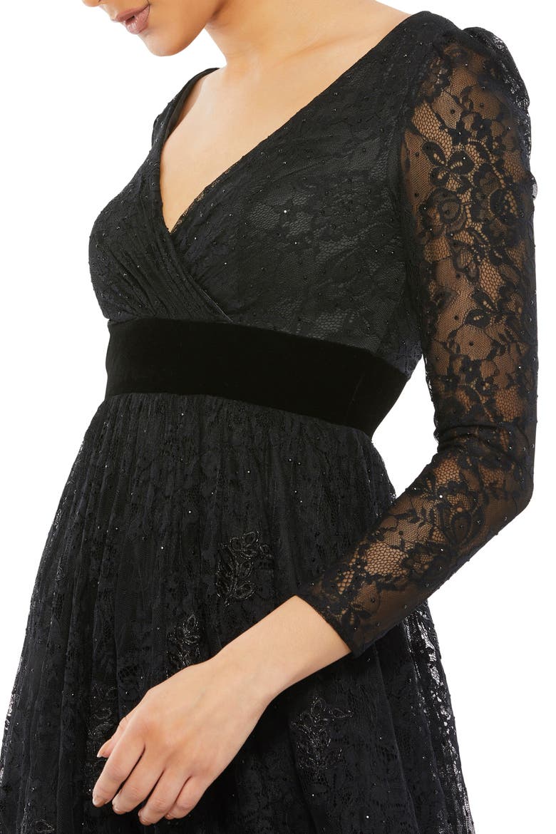 Lace Long Sleeve Wrap Over Velvet Waistband A Line, Alternate, color, Black