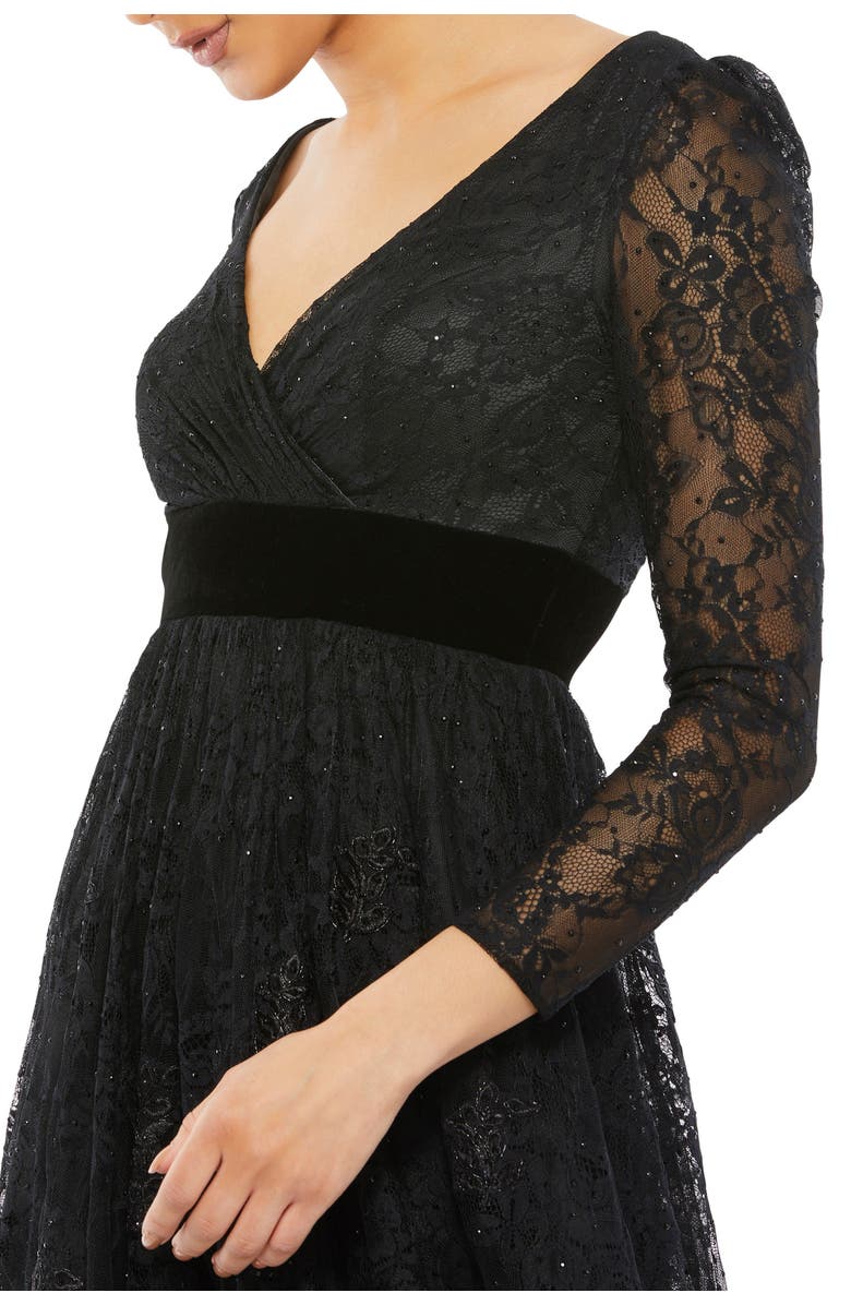 Mac Duggal Lace Long Sleeve Wrap Over Velvet Waistband A Line, Alternate, color, Black