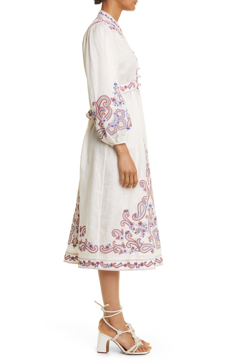 Zimmermann Devi Embroidered Long Sleeve Wrap Linen Midi Dress, Alternate, color,