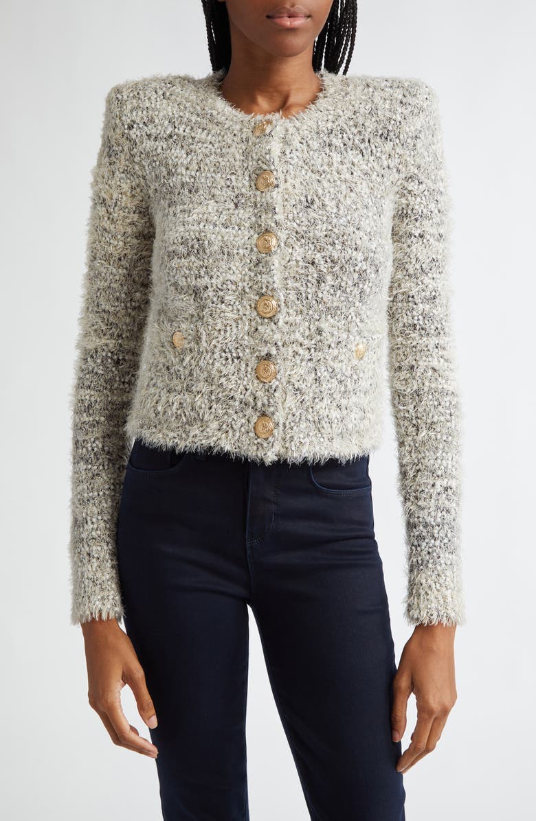 L'AGENCE Una Crop Eyelash Tweed Cardigan, Main, color,