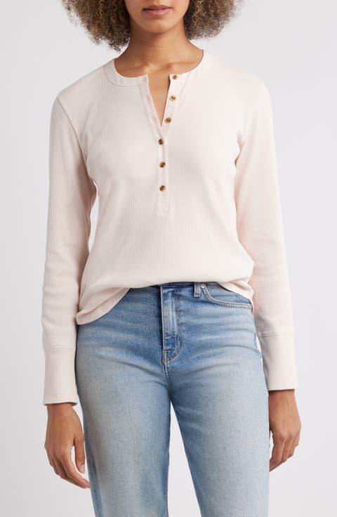 Mixed Media Long Sleeve Henley Top