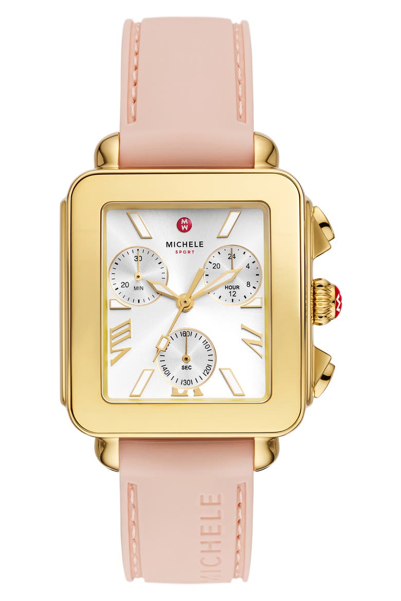 Deco Sport Chronograph Silicone Strap Watch, 34mm x 36mm, Main, color, GOLD/ PINK