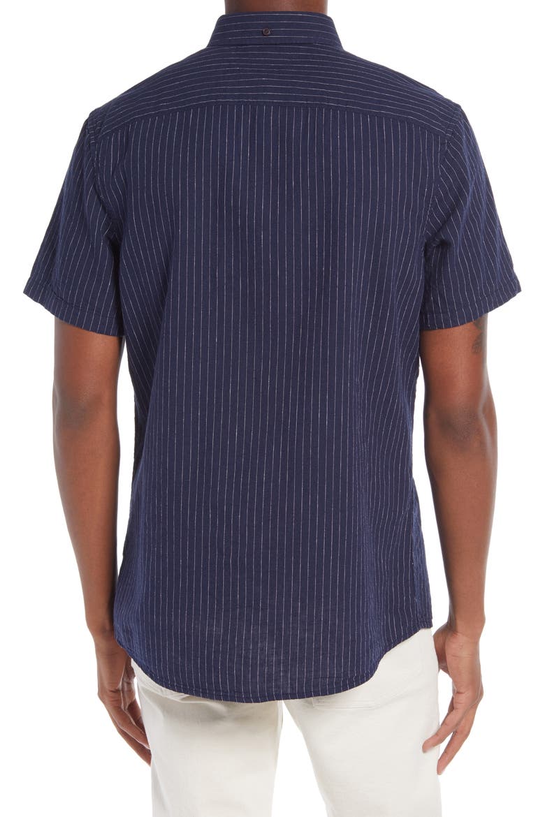 Linen Blend Short Sleeve Button-Down Shirt, Alternate, color, NAVY WHITE PINSTRIPES