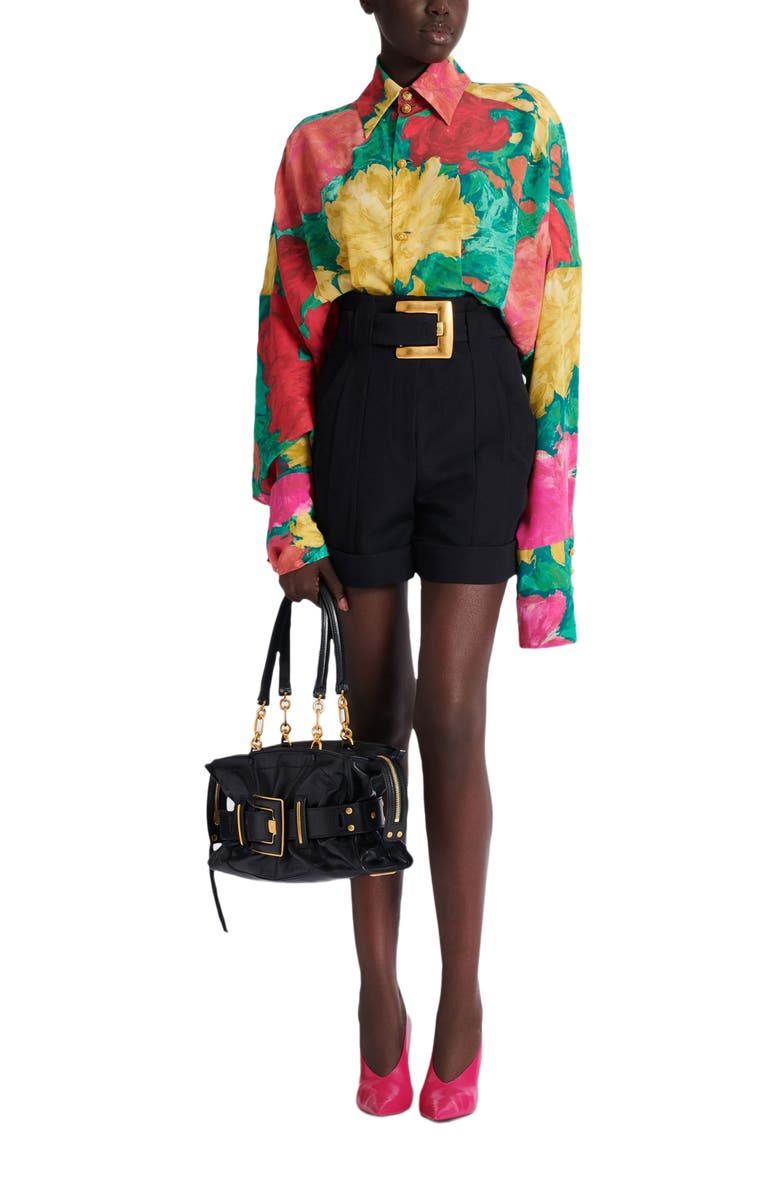 Balmain Crepe shirt dress with roses print, Alternate, color, Multicolor