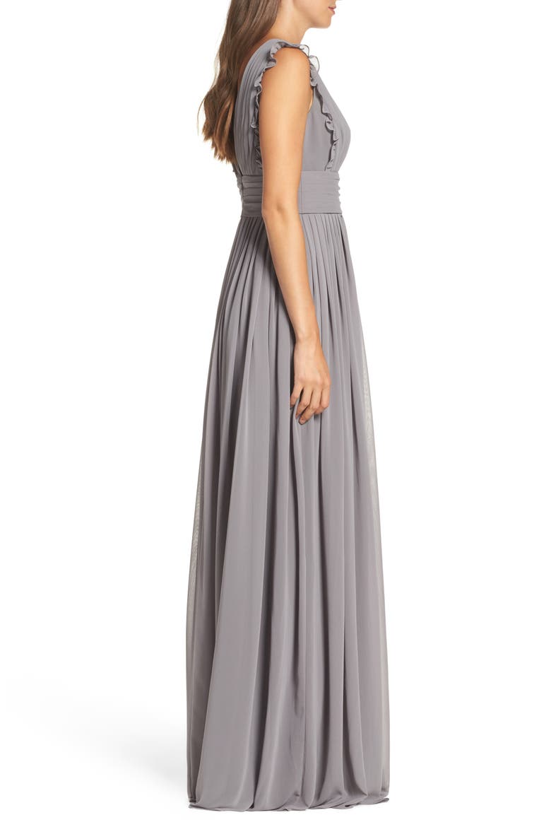 Deep V-Neck Ruffle Pleat Chiffon Gown, Alternate, color, SLATE