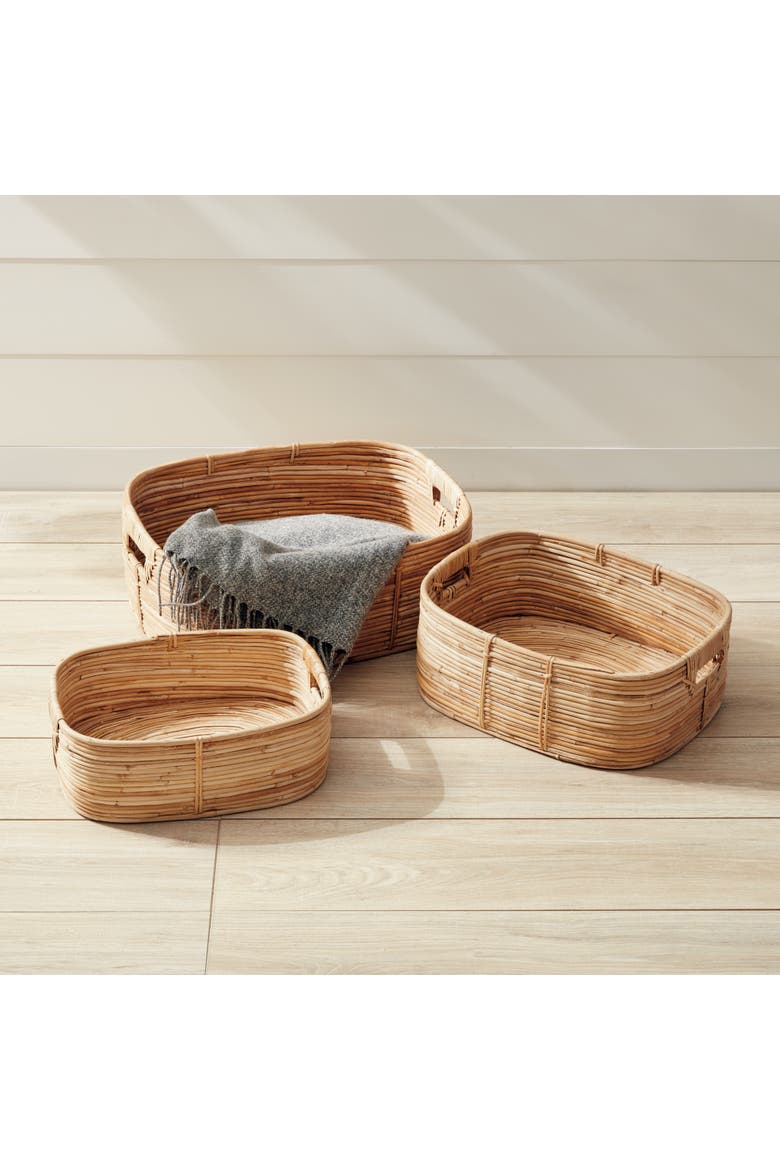 Cane Rattan Rectangular Baskets With Handles Set of 3, Alternate, color, Beige