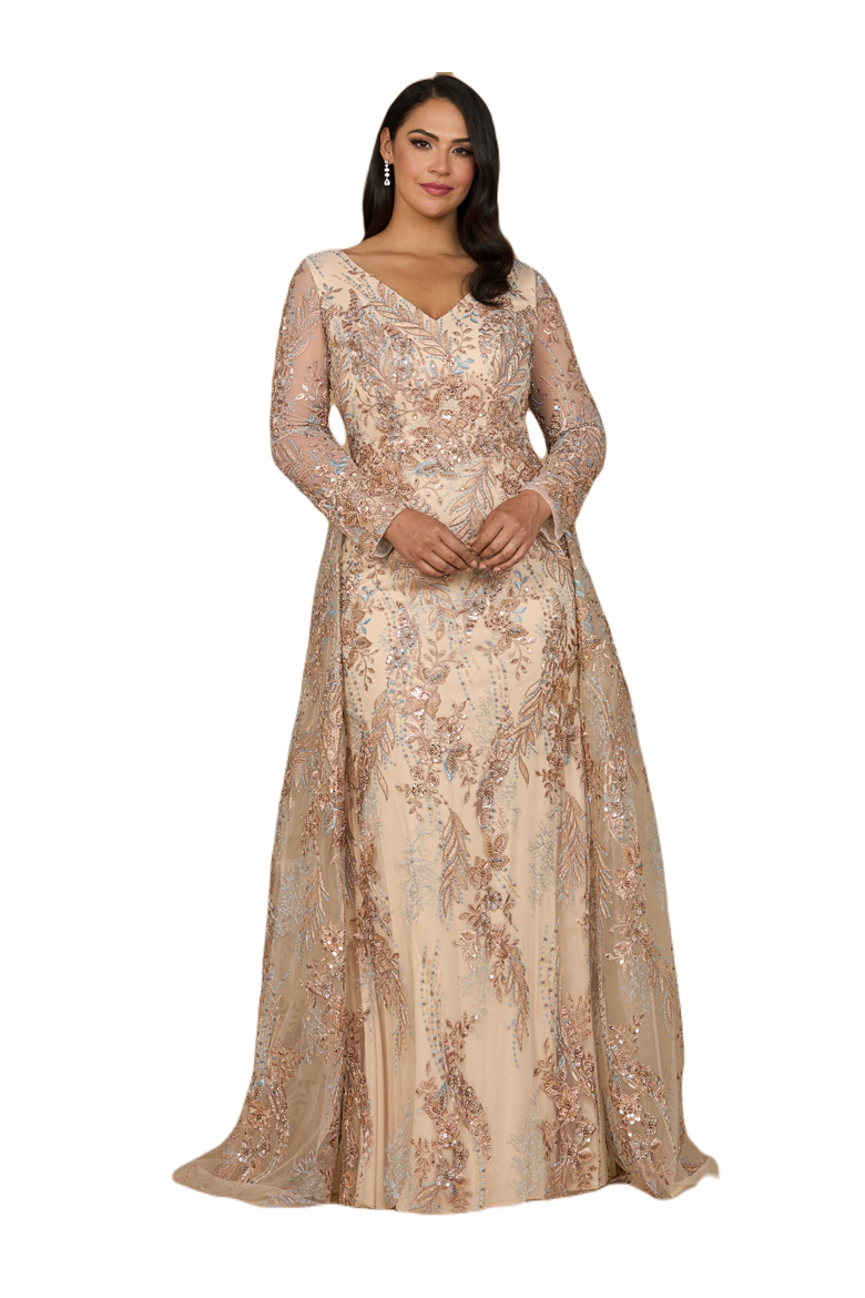 Lace Long Sleeve Gown with Overskirt, Main, color, Champagne