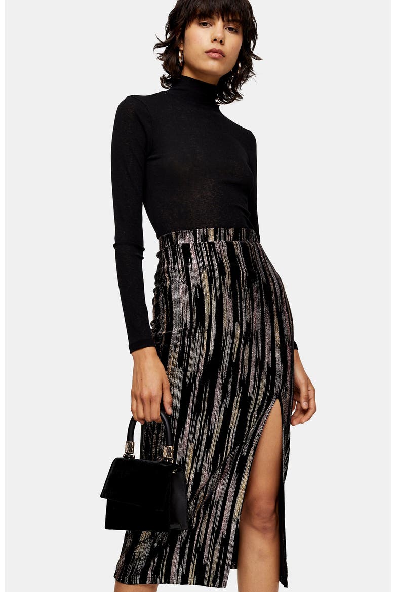 Velvet Glitter Midi Skirt, Alternate, color, BLACK