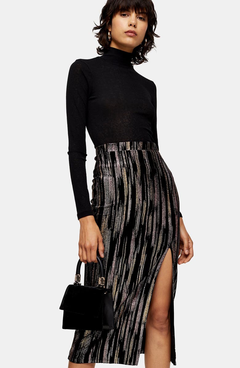 Topshop Velvet Glitter Midi Skirt, Alternate, color, 