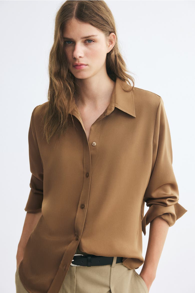 Long-sleeved Satin Shirt, Main, color, Dark beige
