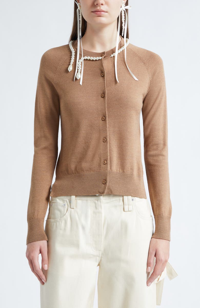 Simone Rocha Classic Faux Pearl Merino Wool & Silk Cardigan, Main, color, Chestnut/ Pearl2