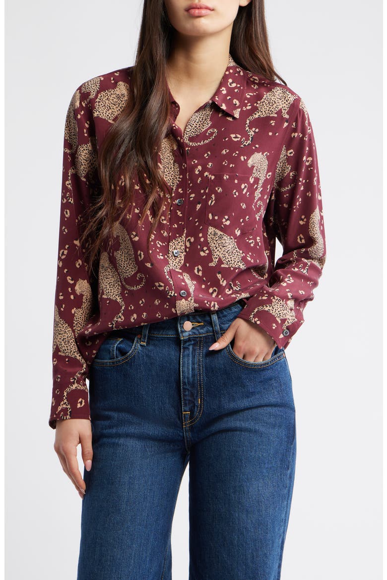 Kate Jaguar Print Silk Button-Up Shirt, Main, color, OXBLOOD LEOPARD