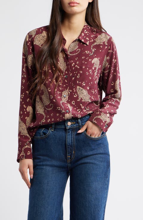 Kate Jaguar Print Silk Button-Up Shirt