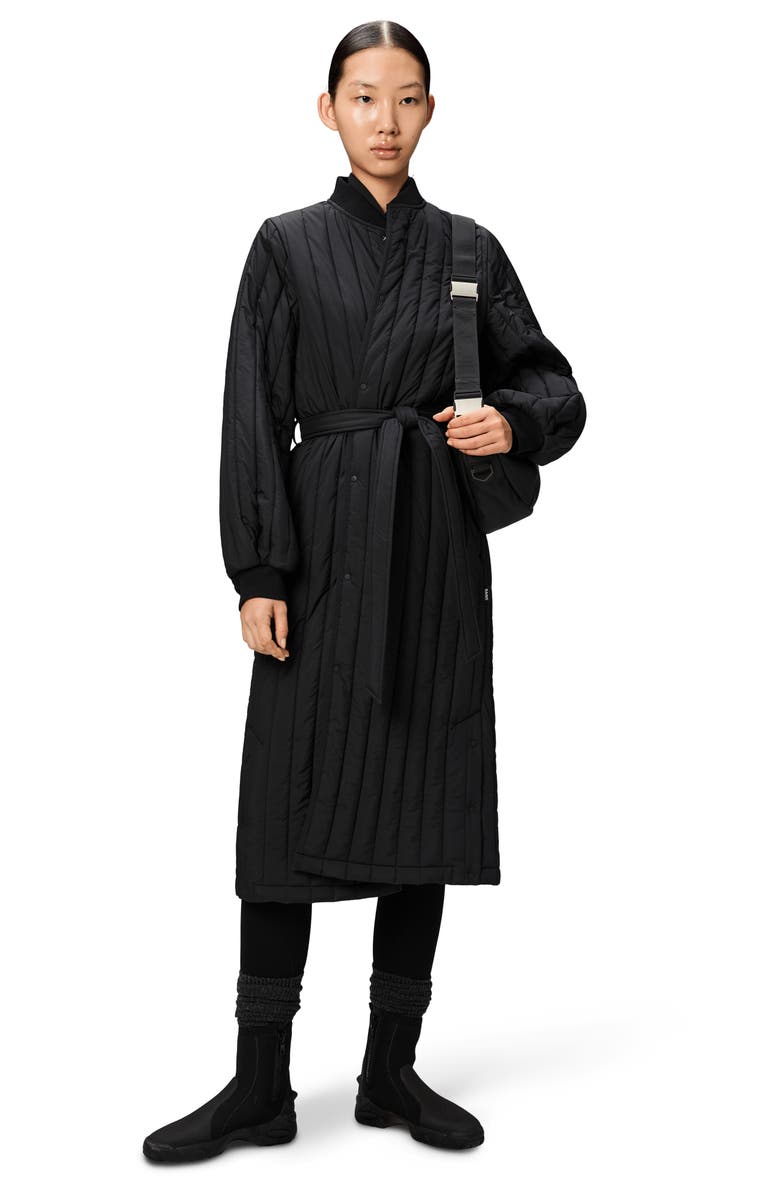 Rains Banja Belted Quilted Liner Coat, Alternate, color, Black