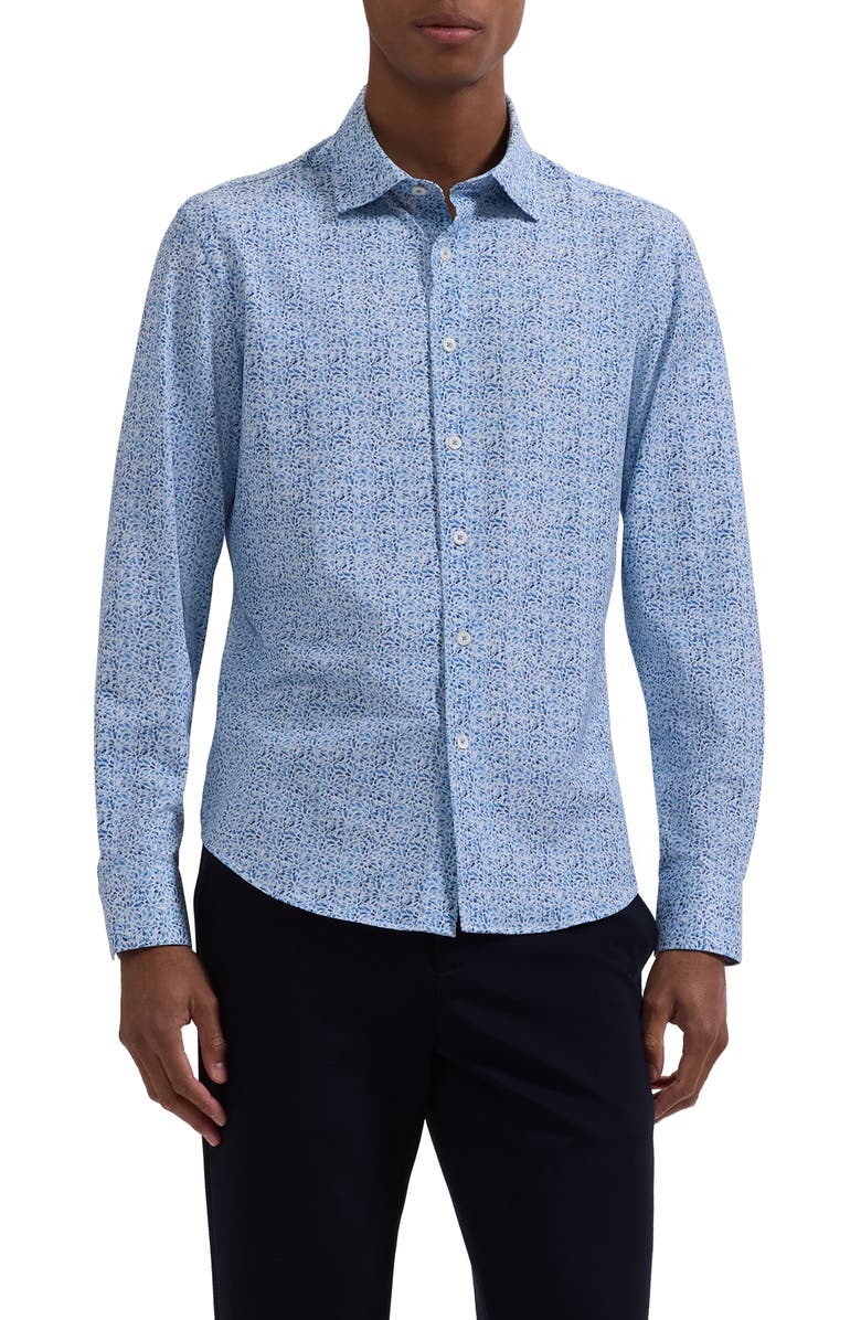 Bugatchi James OoohCotton<sup>®</sup> Watercolor Floral Twill Button-Up Shirt, Main, color, Classic Blue