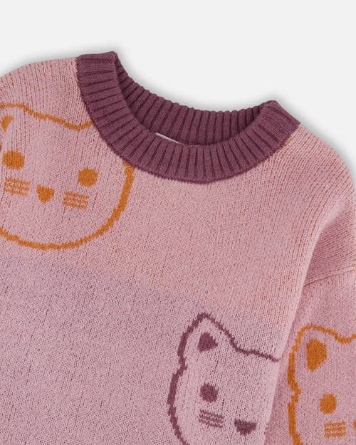 Deux Par Deux Knit Jacquard Sweater With Cats In Pink