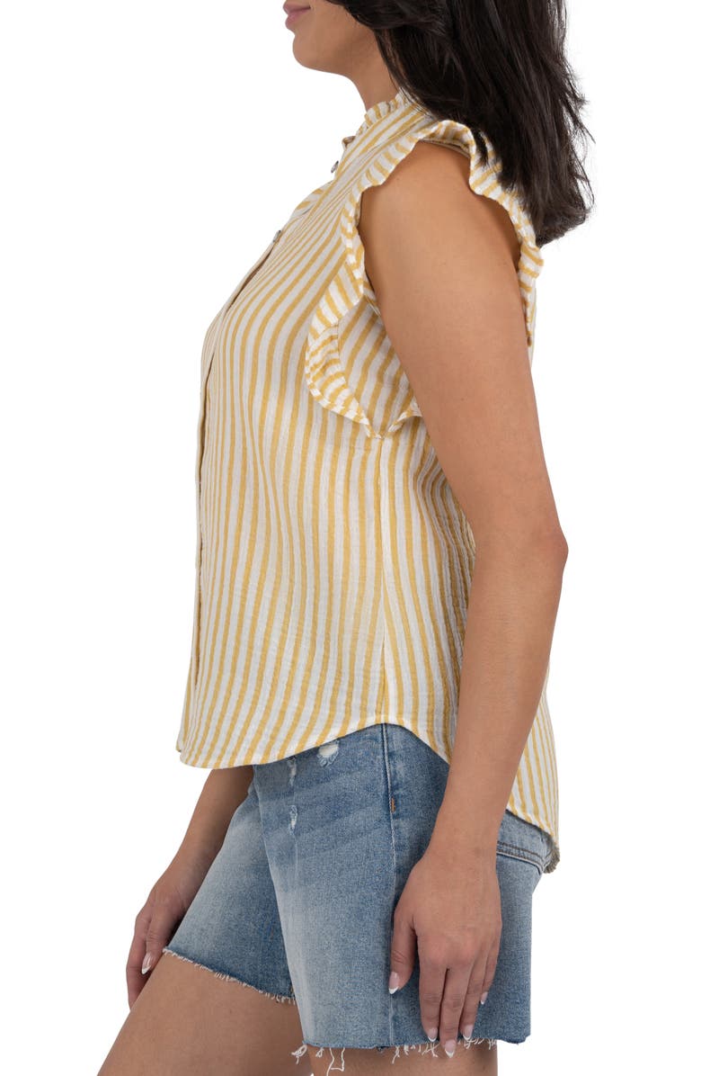 KUT from the Kloth Katara Stripe Sleeveless Ruffle Cotton Button-Up Shirt, Alternate, color, Yellow/ White