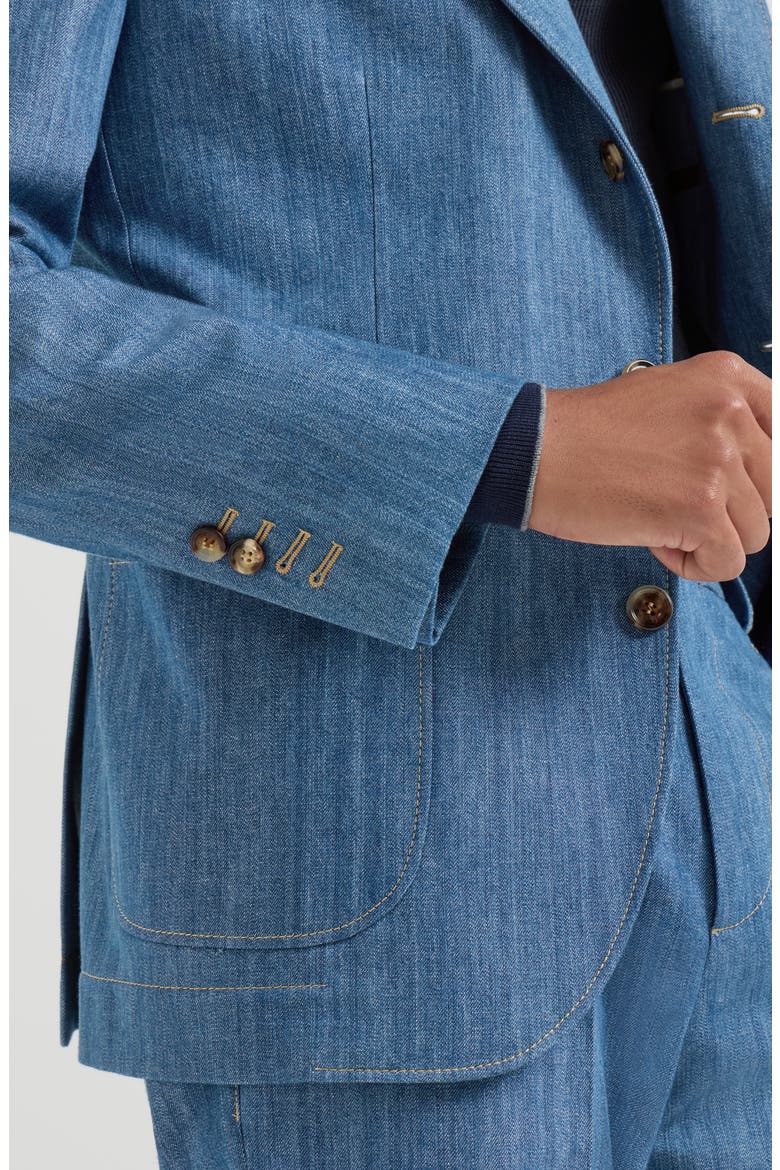 Lightweight denim deconstructed peak-lapel blazer with patch pockets, Alternate, color, Medium Denim