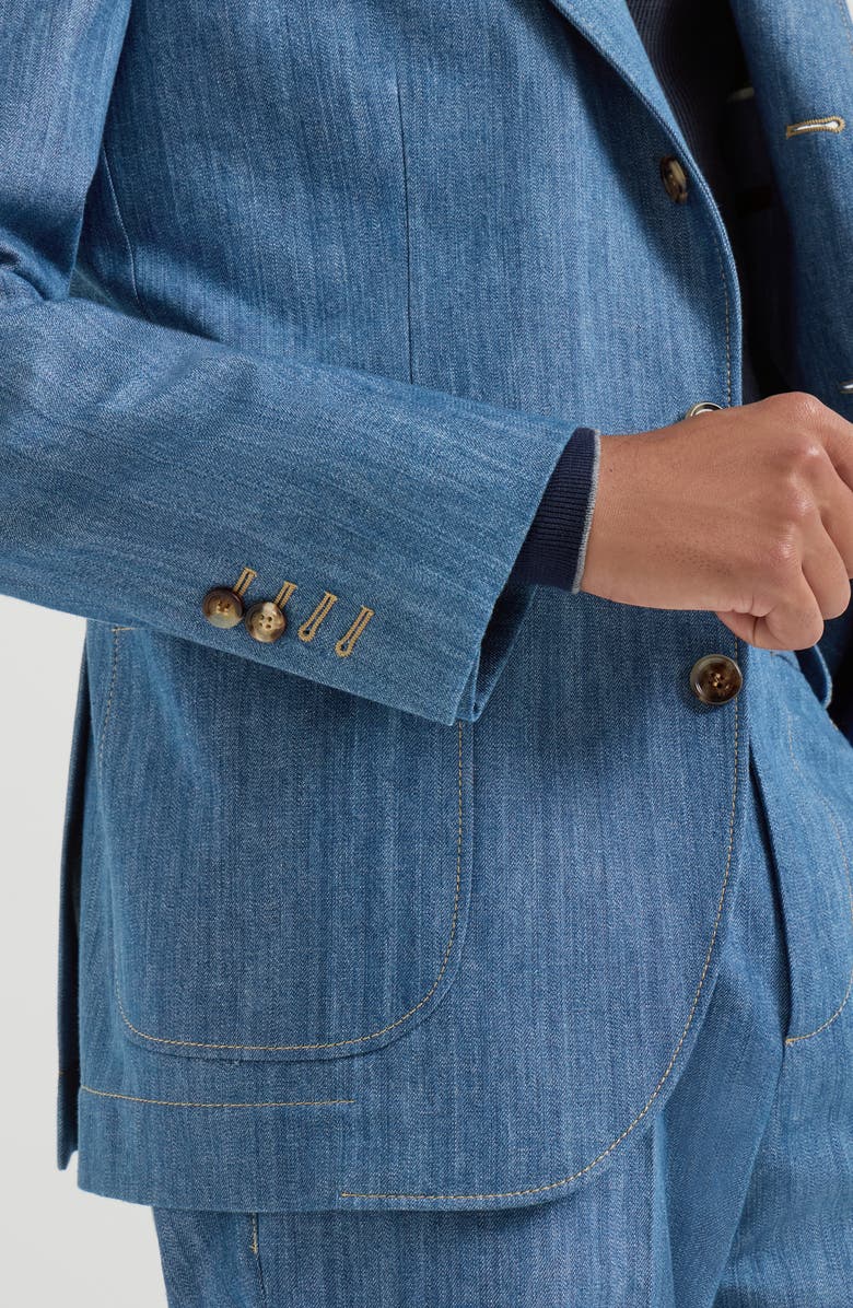 Brunello Cucinelli Lightweight denim deconstructed peak-lapel blazer with patch pockets, Alternate, color, Medium Denim