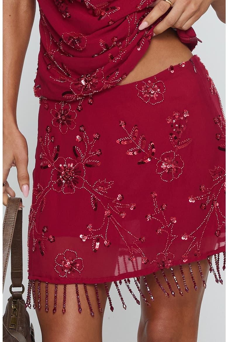 Twilight Embellished Beaded Sequin Fringe Miniskirt, Alternate, color, RED