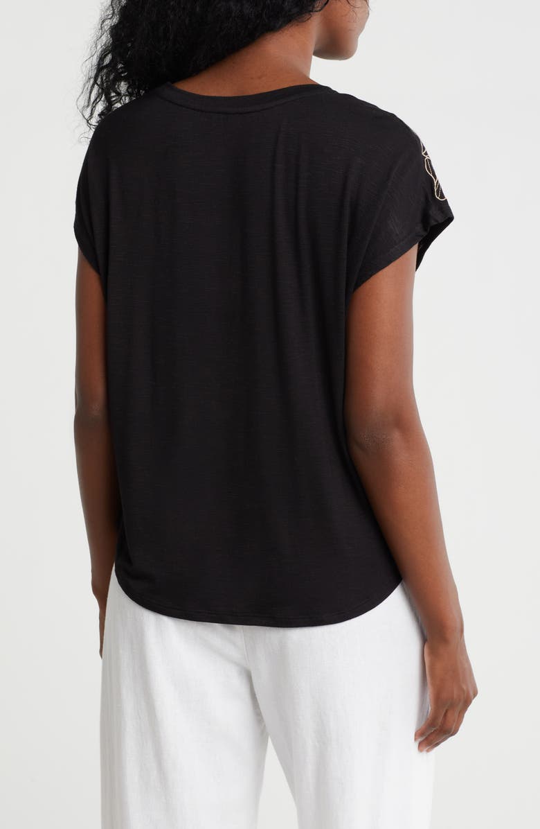 Adrianna Papell Floral Embroidered Short Sleeve T-Shirt, Alternate, color, Black
