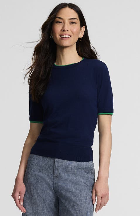 Double Trim Cotton Crew Neck Tee Sweater