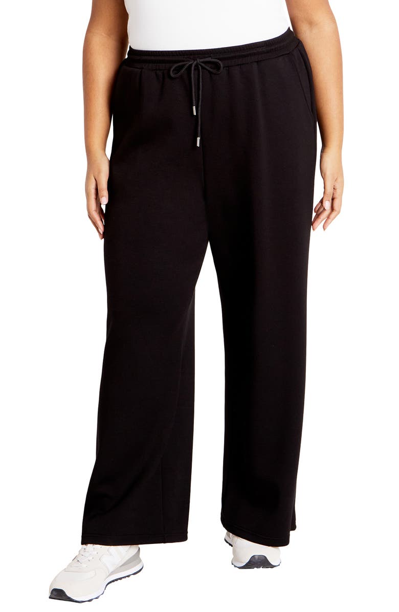 City Chic Mae Wide Leg Drawstring Waist Knit Pants, Main, color, Black
