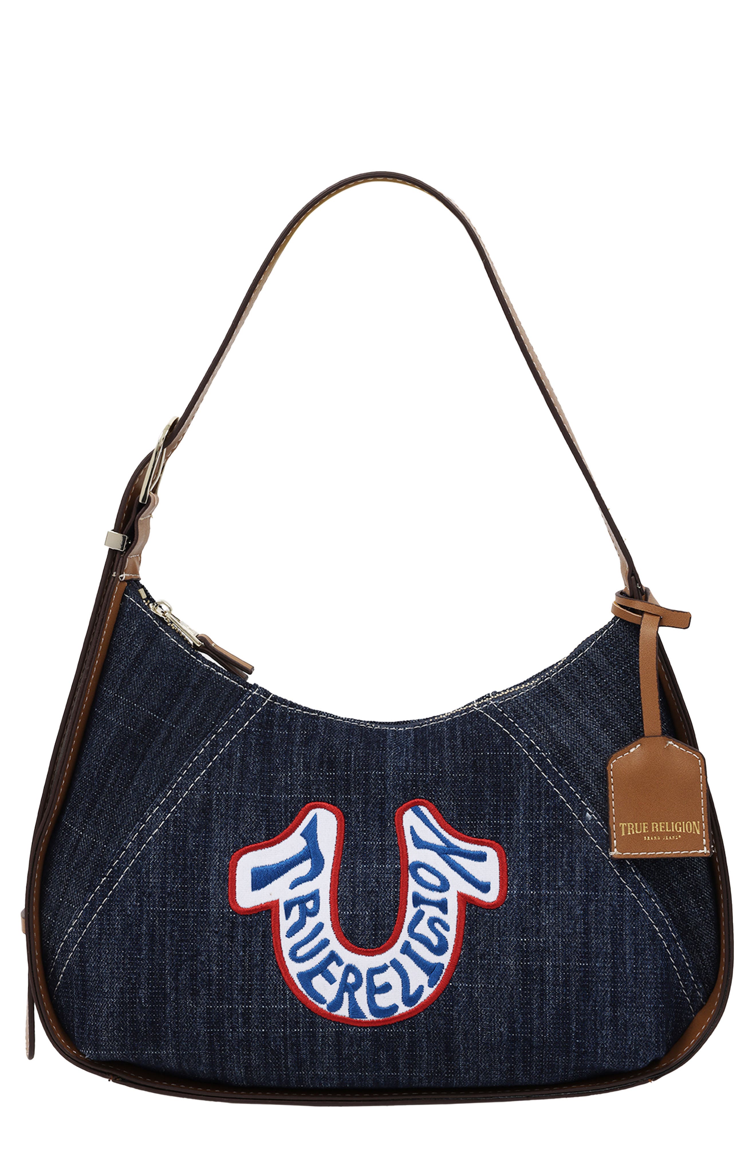Retro Horseshoe Patch Denim Shoulder Bag, Main, color, DARK DENIM