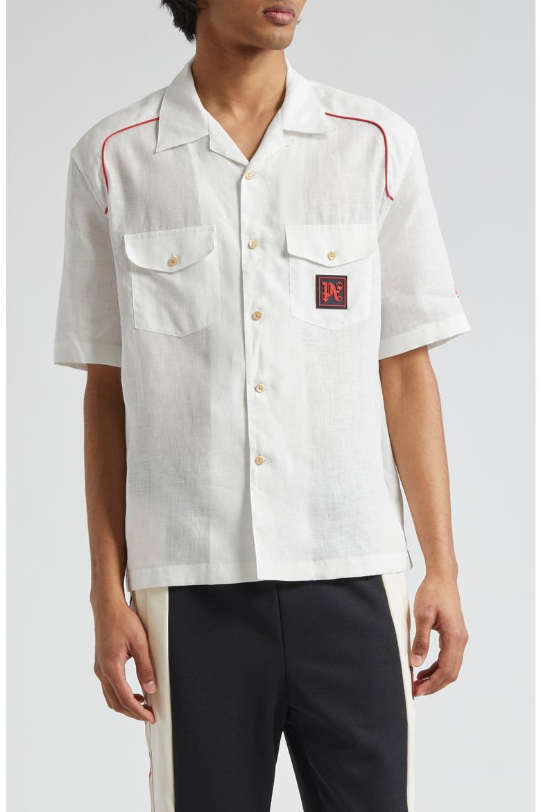 x Haas Moneygram Short Sleeve Linen Button-Up Camp Shirt, Main, color, OFFWHITE RED