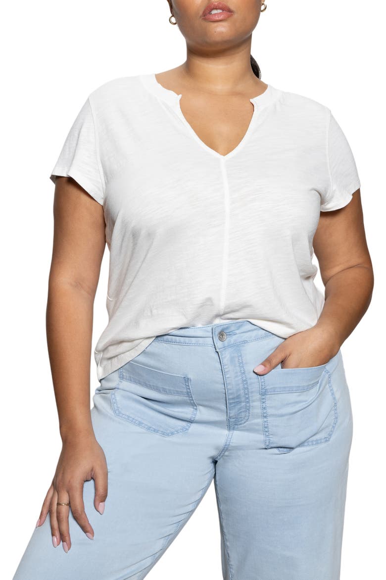The New Girl Split Neck Cotton T-Shirt, Alternate, color, WHITE