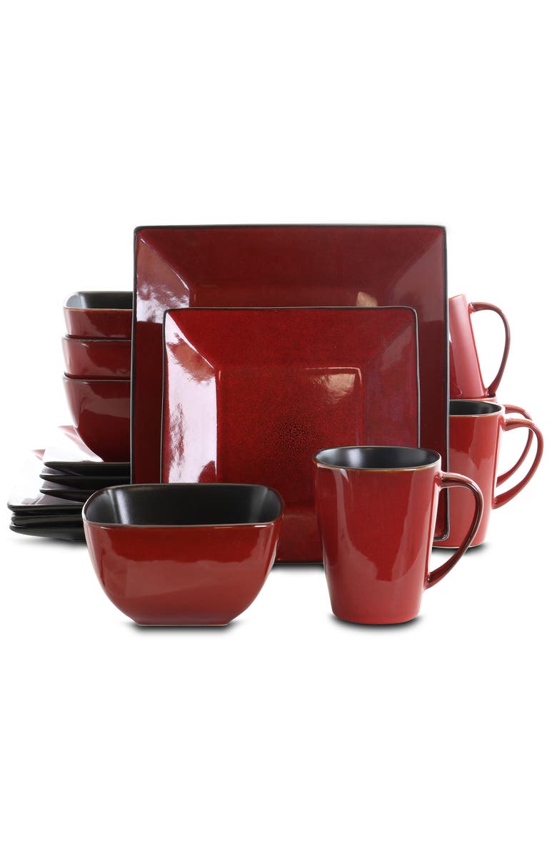 Elama Harland Loft 16 Piece Modern Premium Stoneware set with Complete Setting for 4, Main, color, Red