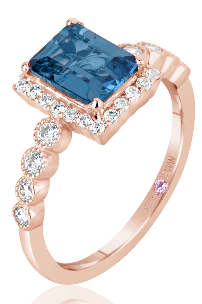 Emerald Cut Cubic Zirconia Halo Ring, Alternate, color, BLUE