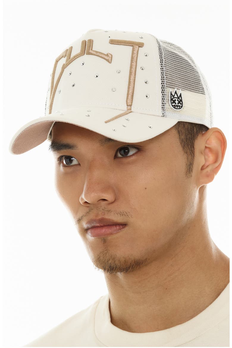 Arch Logo Crystal Embellished Trucker Hat, Alternate, color, WINTER WHITE