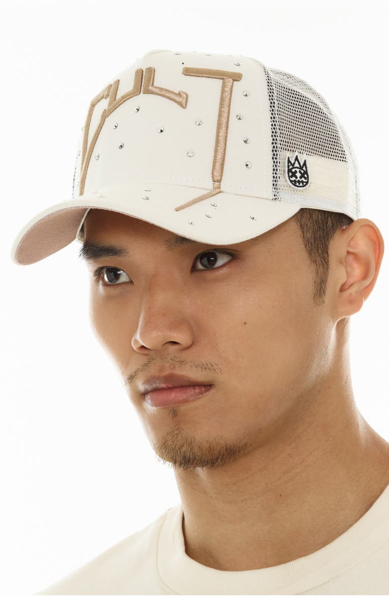 Cult of Individuality Arch Logo Crystal Embellished Trucker Hat, Alternate, color, 